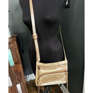 HOBO International Gold Metallic Glazed Leather Crossbody Bag Purse Small Flat